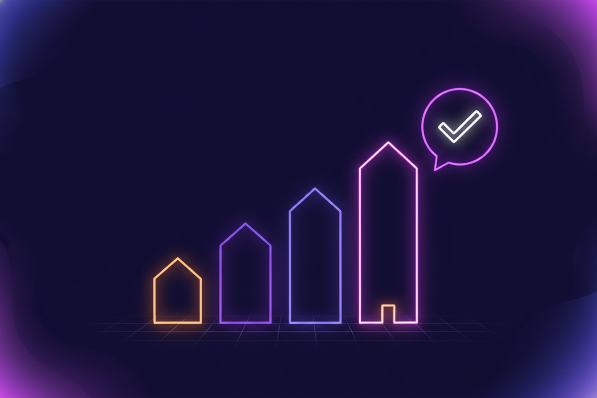 Illustration of a rising bar chart made of small glowing houses beside an AI chat bubble