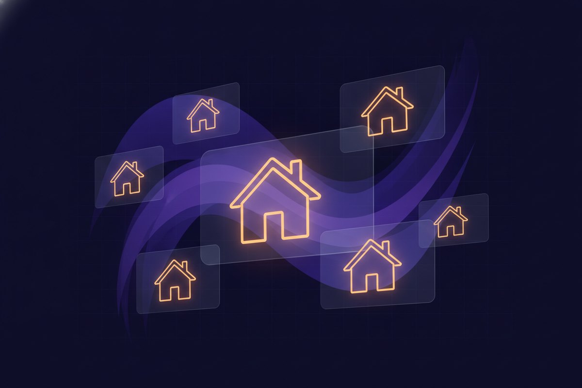 Illustration of a small warm house casting a long consistent glowing reflection across several panels and screens