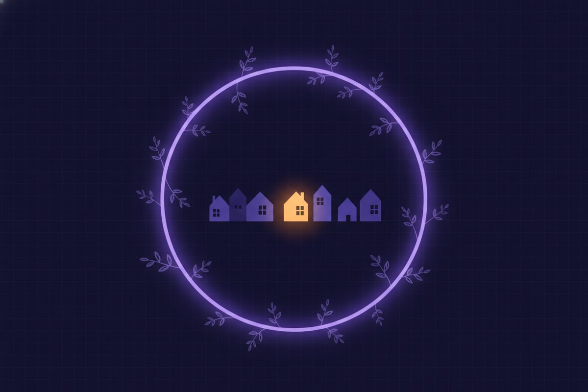 Illustration of a glowing neighborhood of small houses inside a gentle spotlighted boundary, one house warmly lit at center