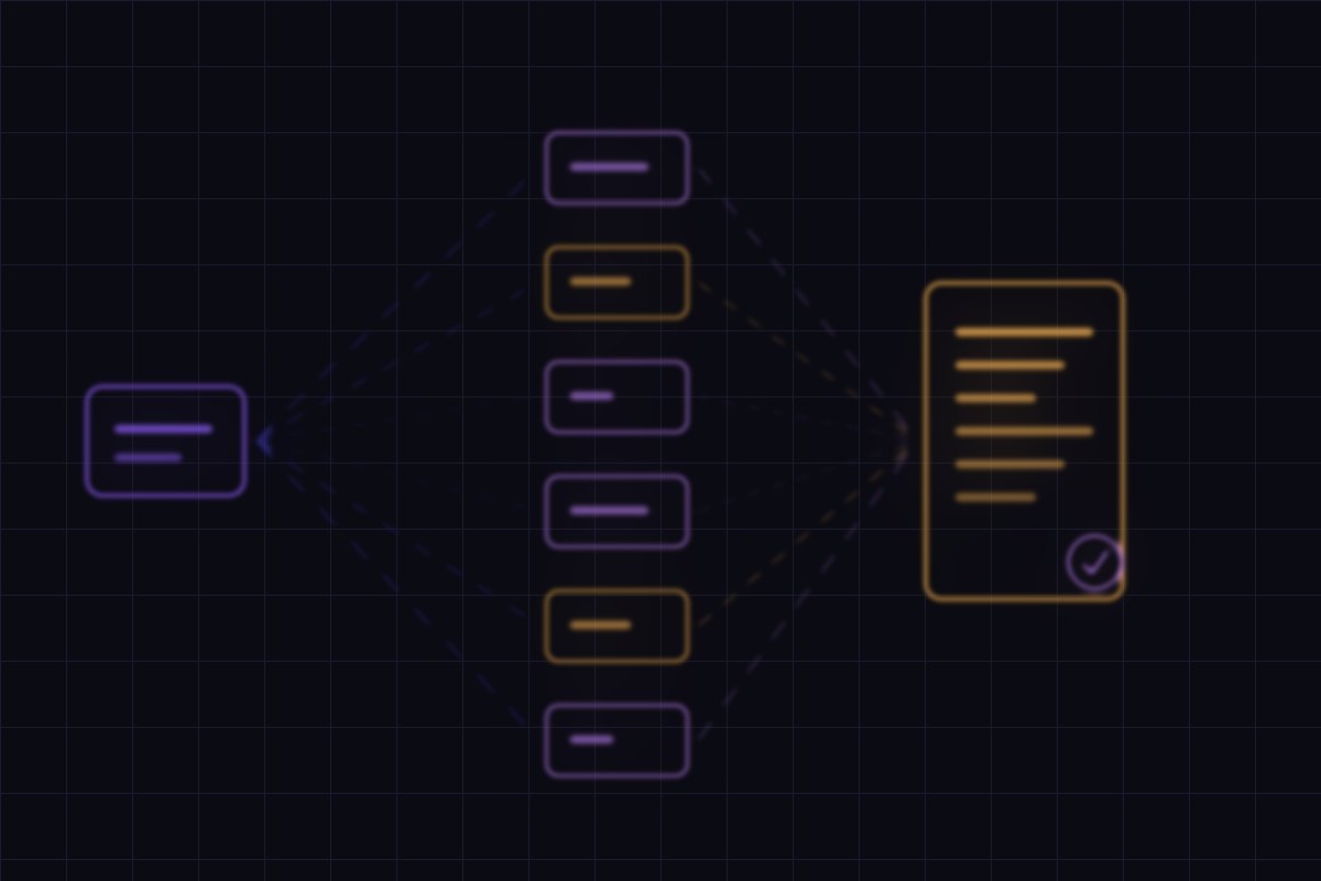 Illustration of one seed query node fanning out into a tier of sub-question nodes that converge on a single page