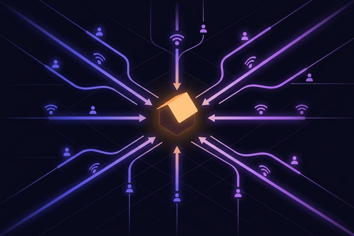 Illustration of glowing lead signals flowing along paths into a warm house-shaped hub