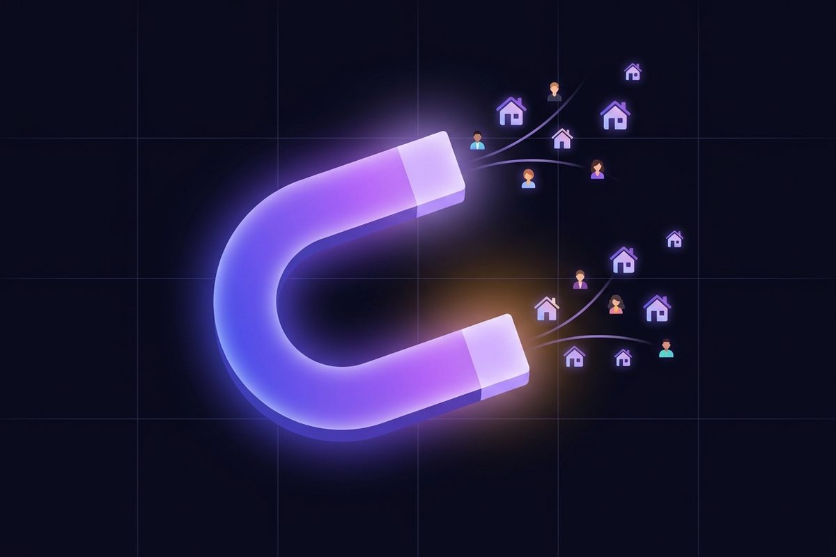 Illustration of a glowing magnet drawing small house and person icons toward it
