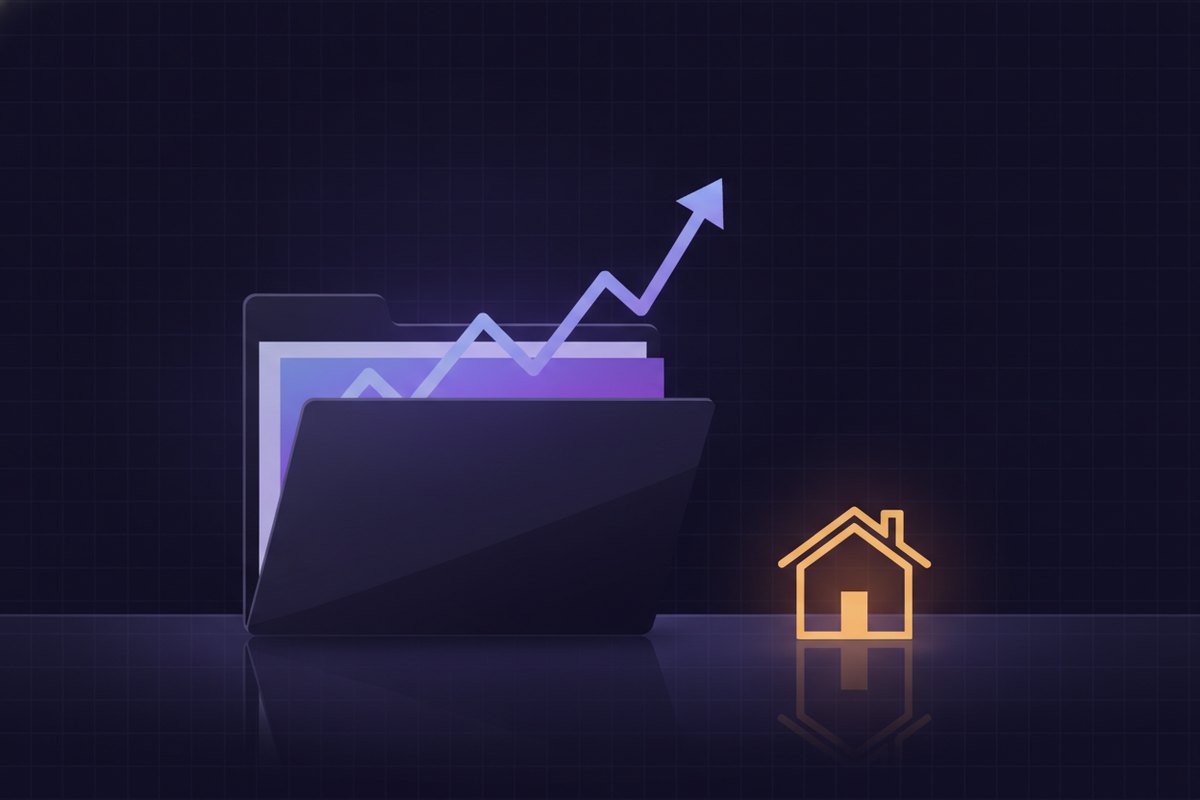 Illustration of an open presentation folder with glowing pages beside a small warm house and a rising chart line