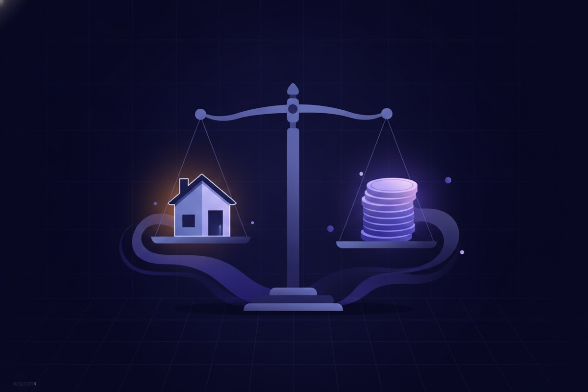 Illustration of a house on one side of a balance scale and rising gradient coins on the other