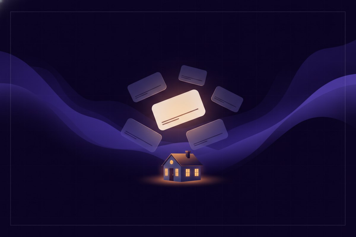 Illustration of glowing blank name cards floating above a small warm house, one card lit brighter than the rest