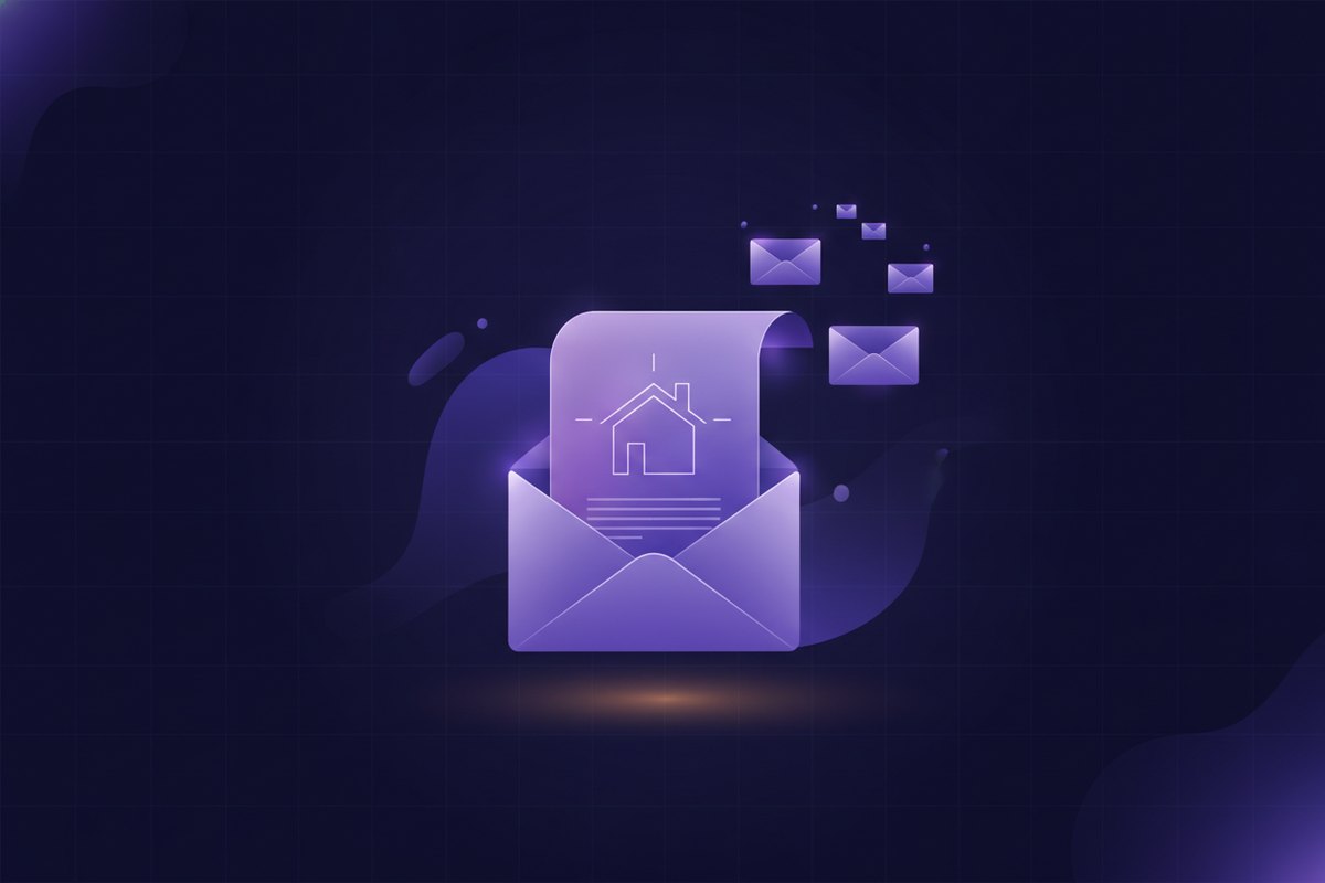 Illustration of a glowing newsletter page unfolding from an envelope beside a small warm house
