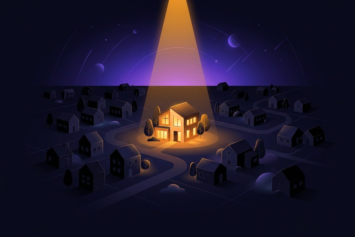 Illustration of one glowing house singled out and spotlighted among many faint houses