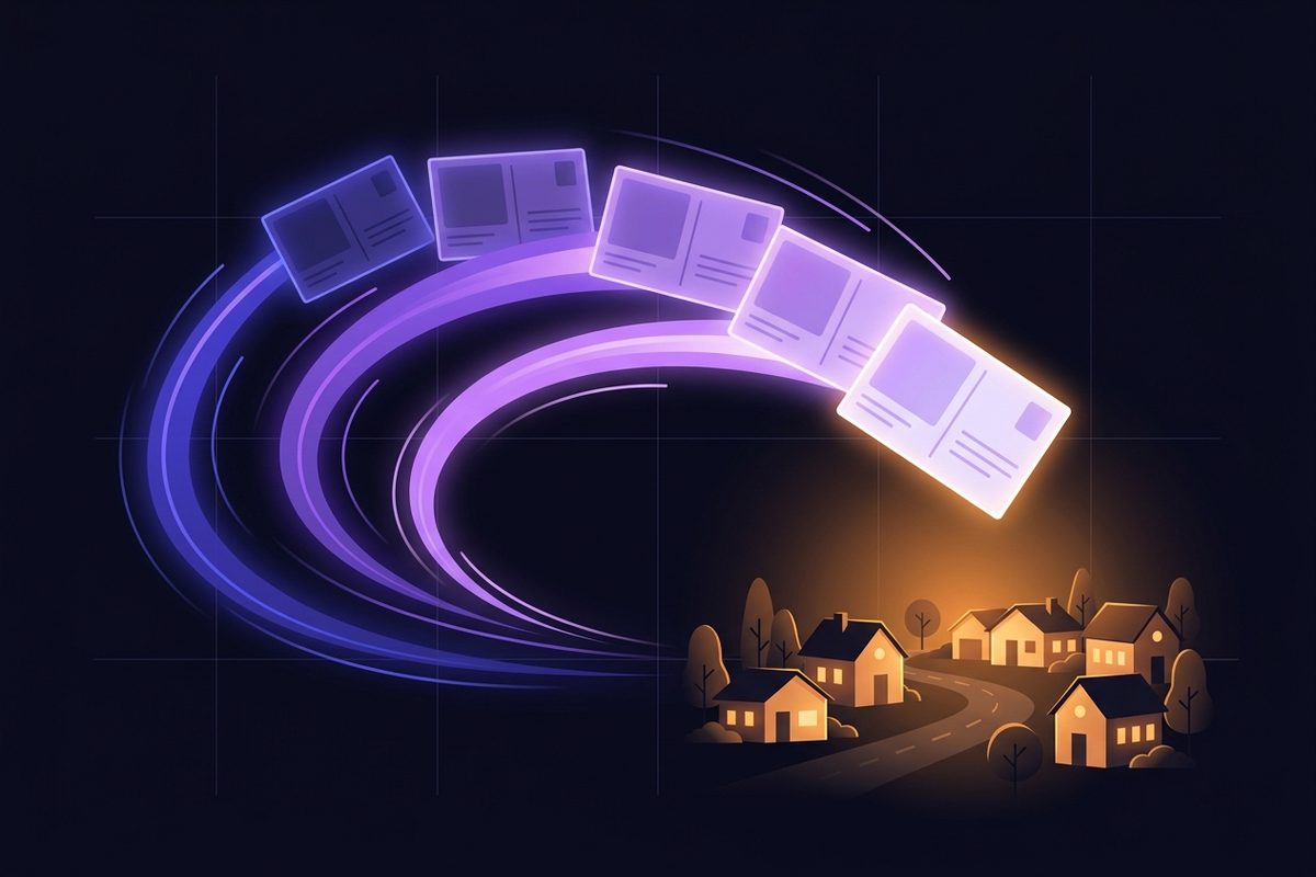 Illustration of real estate postcards fanning out toward a glowing neighborhood of houses