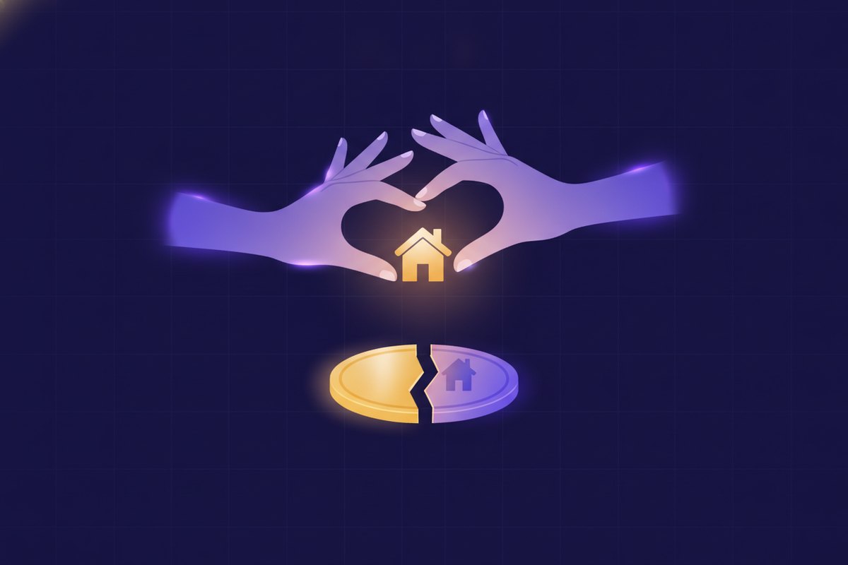 Illustration of two glowing hands exchanging a small house token above a split coin, clean minimal composition