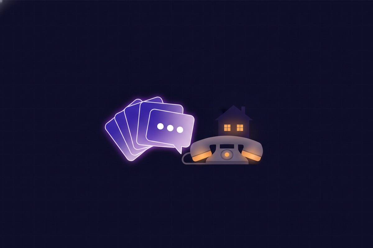 Illustration of glowing dialogue cards fanned beside a vintage phone handset and a small warm house