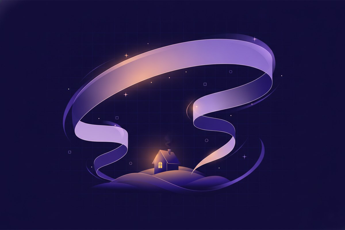 Illustration of a glowing speech ribbon unfurling above a small warm house, sparkles around the ribbon