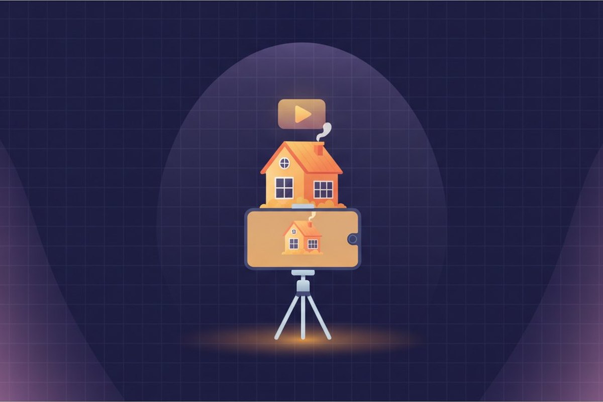 Illustration of a glowing phone on a small tripod filming a warm house, a play button above