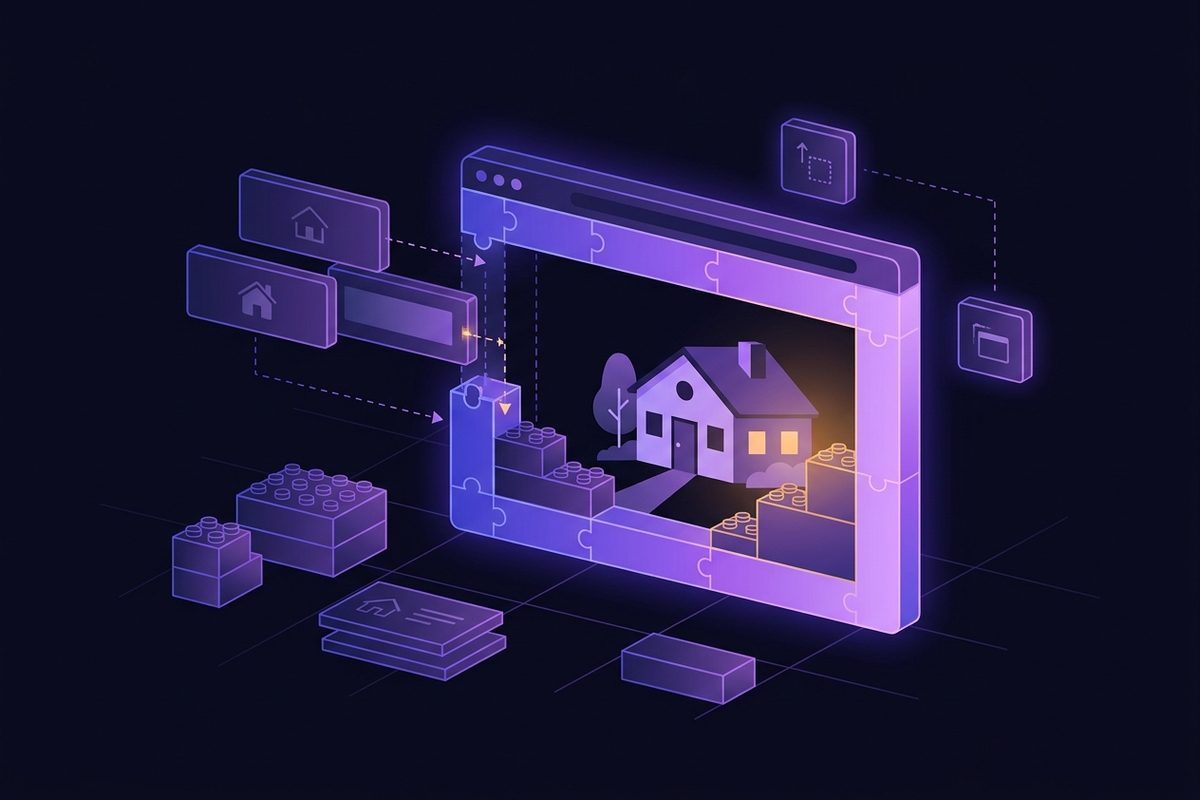 Illustration of glowing modular building blocks assembling into a website window that frames a house