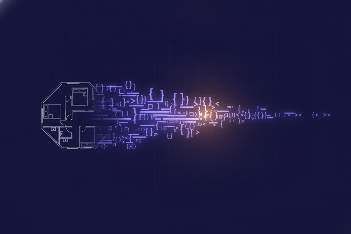 Illustration of a house blueprint transforming into neat code brackets