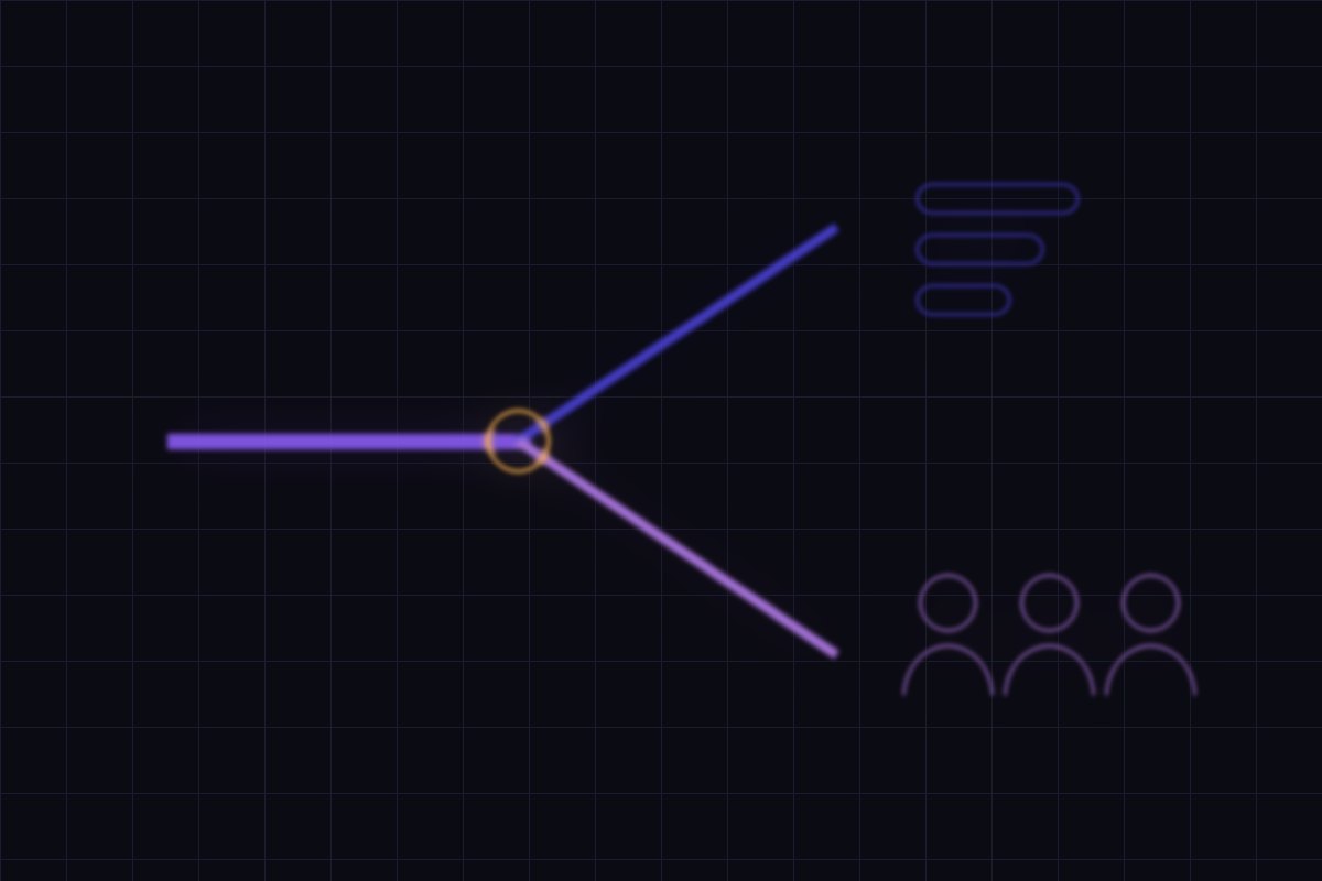 Illustration of a forked glowing path, one branch toward a toolkit and one toward a team of figures