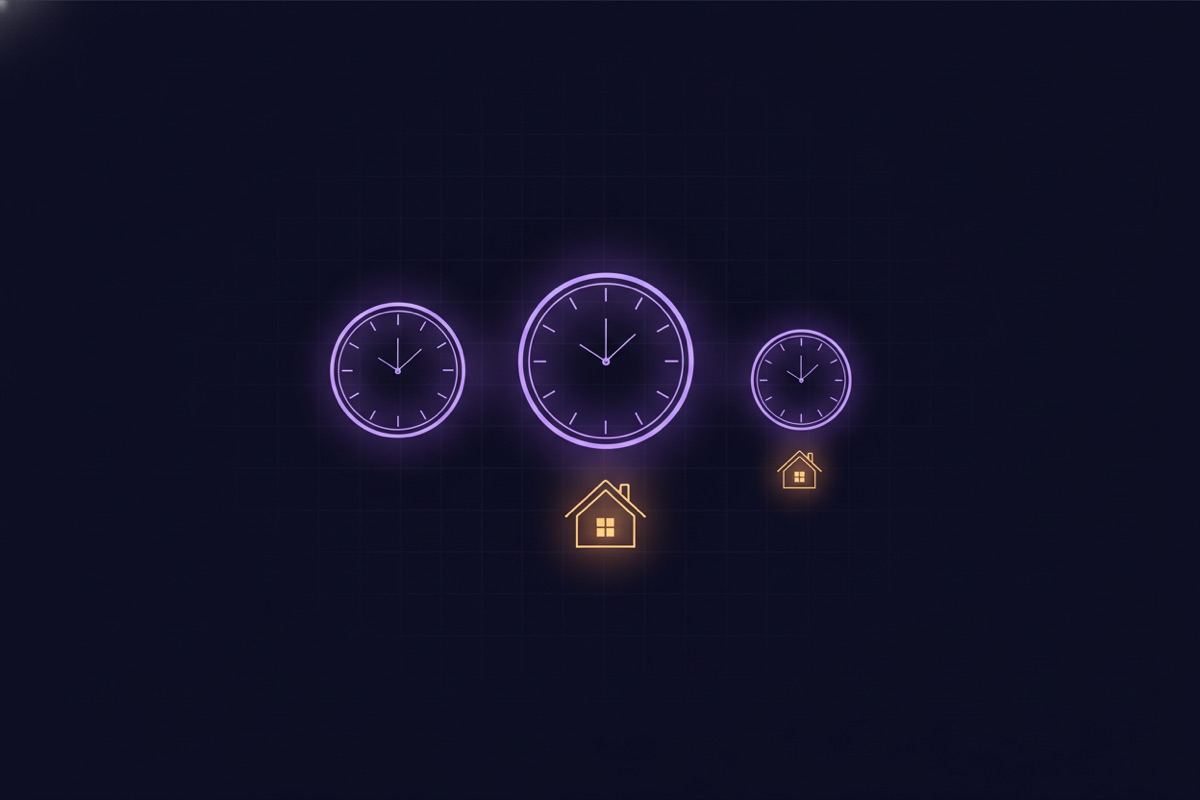 Illustration of three glowing clock faces in a row above a small house