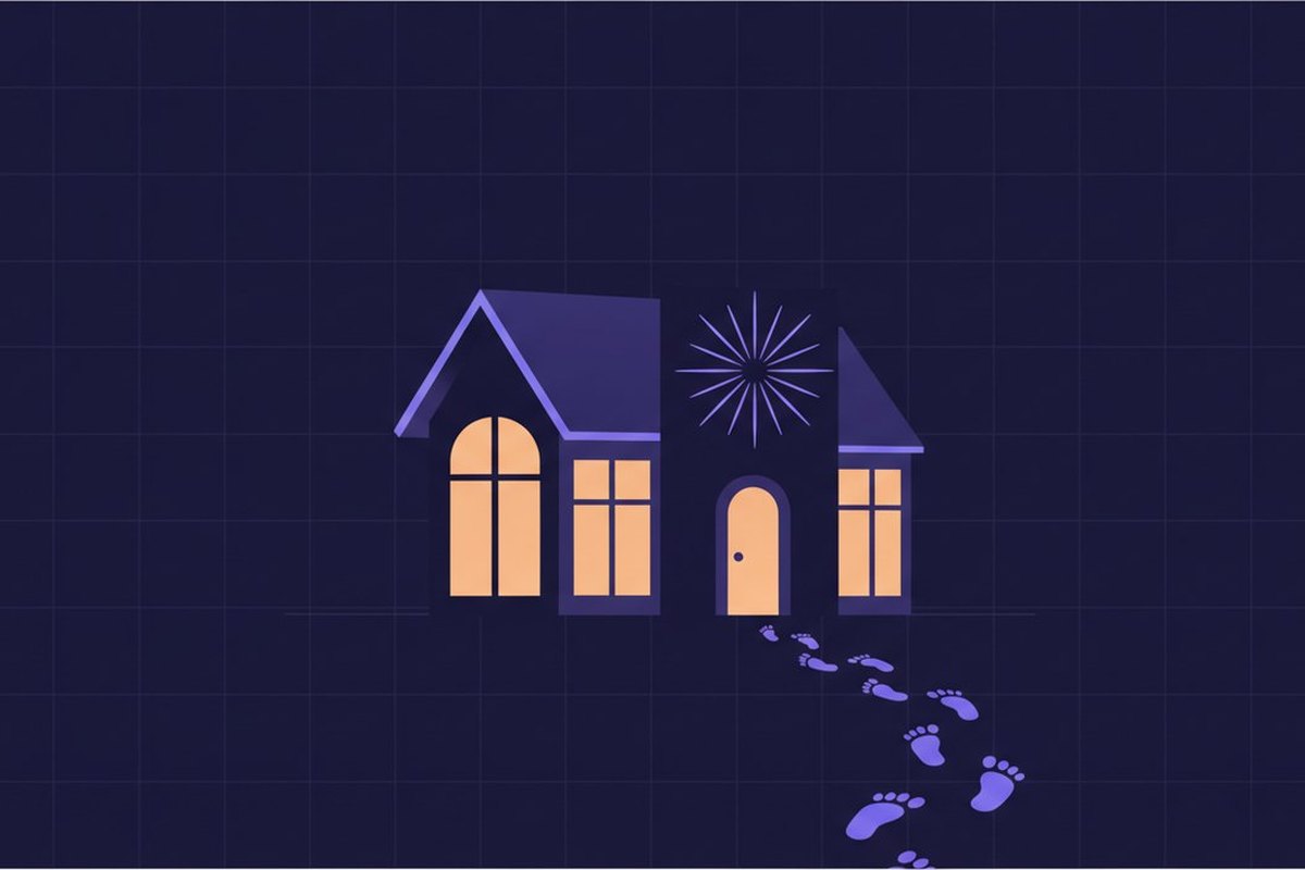 Illustration of a warm house with a gentle star emblem above the door and a path of glowing footsteps arriving