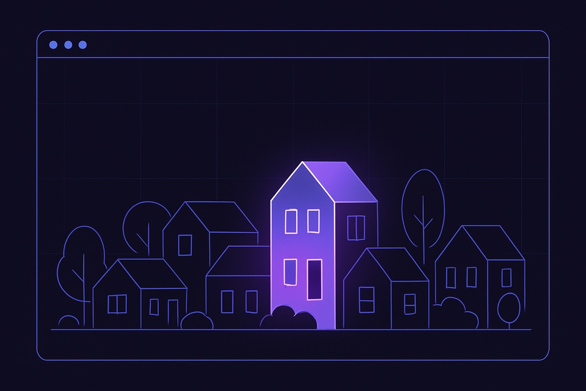 Illustration of a browser window framing a neighborhood with one glowing house