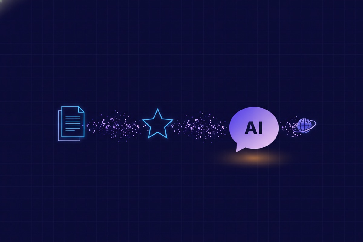 Illustration of data streams flowing from documents, stars, and a globe into an AI chat bubble