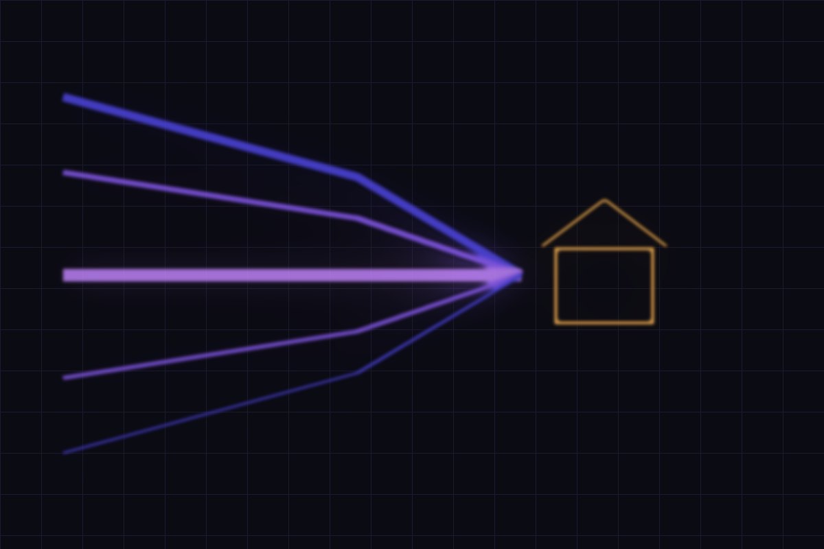 Illustration of several glowing channel paths of different widths converging on a single warm house