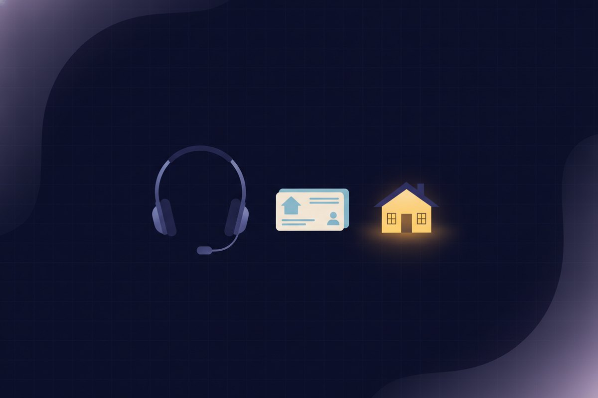 Illustration of a glowing headset beside a stack of contact cards and a small warm house, calm and orderly