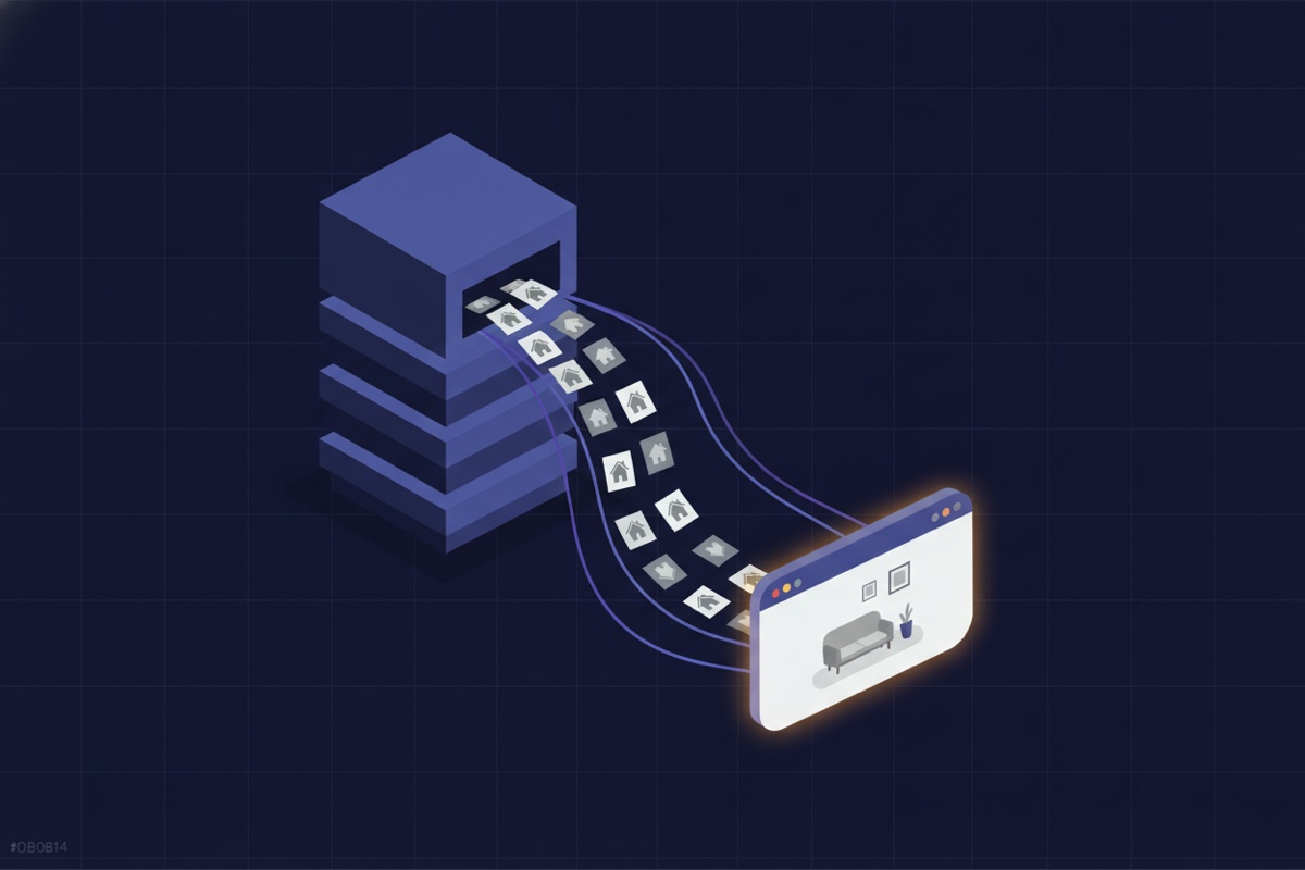 Illustration of listing cards flowing from a large building into a small website window