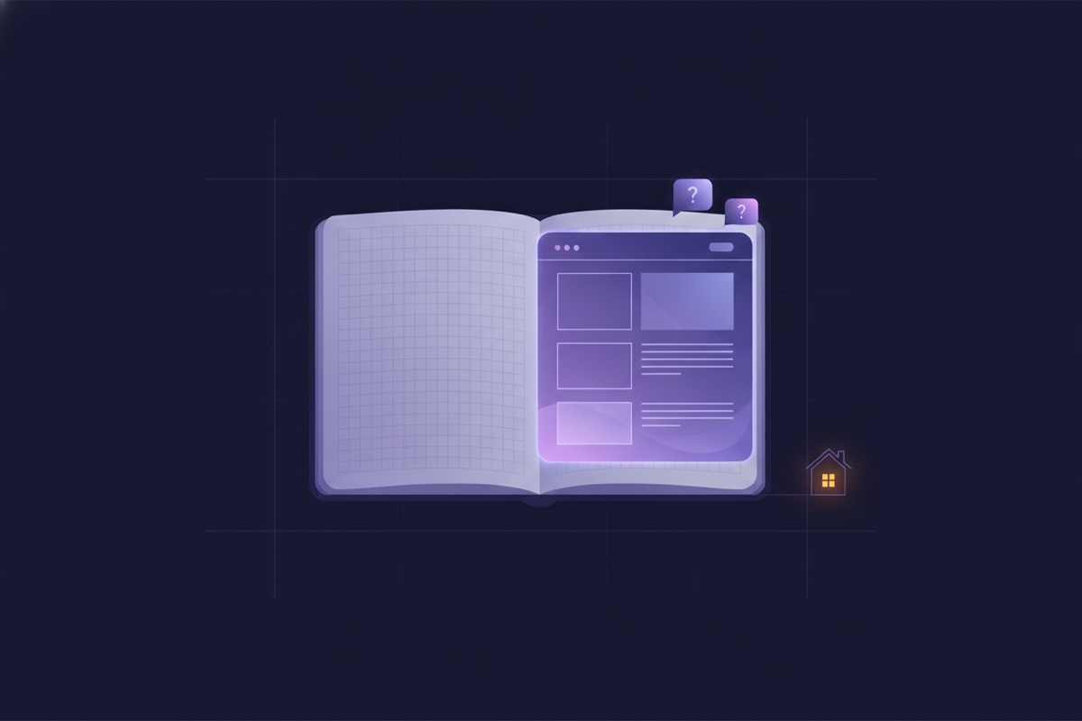 Illustration of an open notebook turning into a glowing webpage with question bubbles above a small house