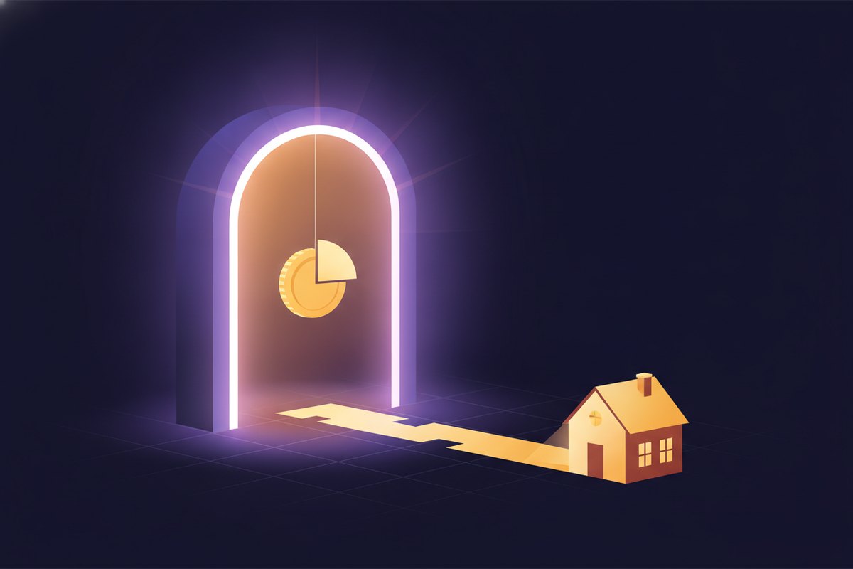 Illustration of a large glowing portal doorway sending a lead path to a small house, a percentage-slice coin at the gate