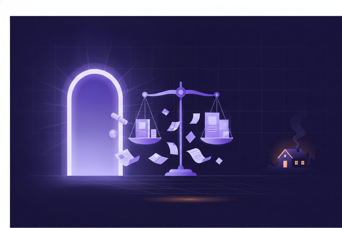 Illustration of a large glowing portal doorway beside a balanced scale, calm documents floating between them