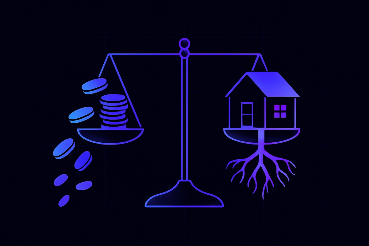 Illustration of a balance scale weighing slipping coins against a rooted house