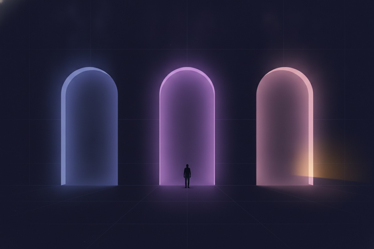 Illustration of three portal doorways with an agent comparing paths between them
